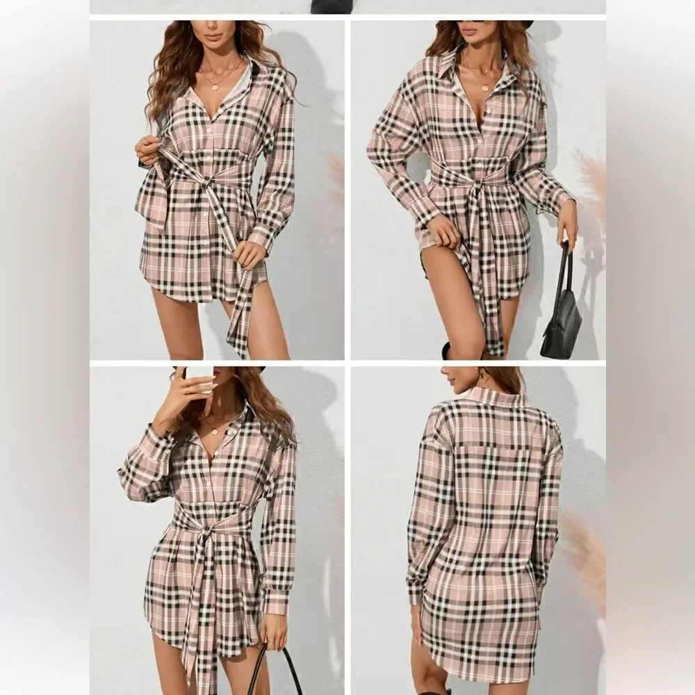 NWT plaid khaki long sleeve tie shirt dress. Xl